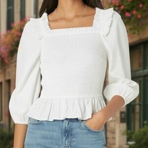 The Drop Marisol White Smocked Puff Sleeve Ruffled Top Women's Size XL NWT